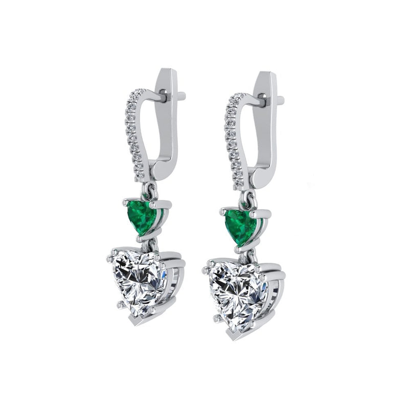 Detailed view of Amour Emerald Drop Earrings with heart-shaped emerald centerpiece.