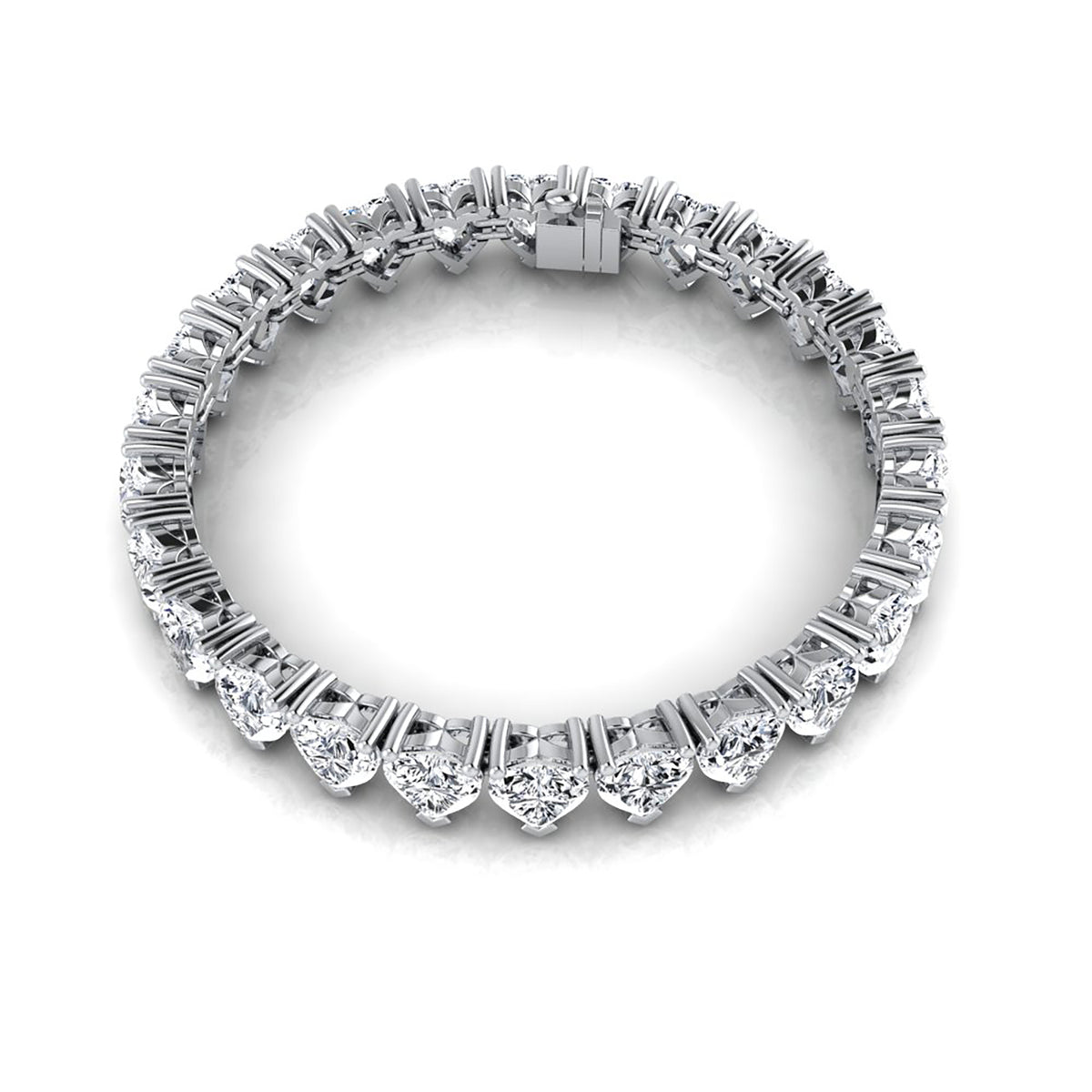 Flawless Moissanite Heart Bracelet in 24K White Gold - Front View.