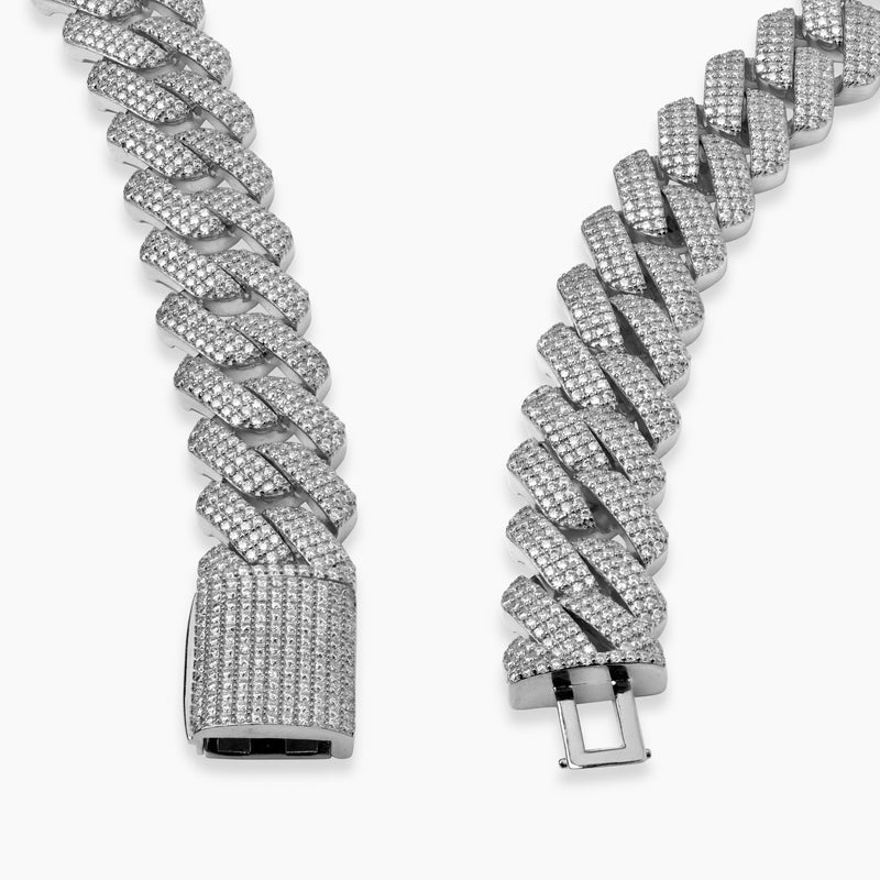 Close-up view of 15mm White Gold Moissanite Cuban Link Necklace