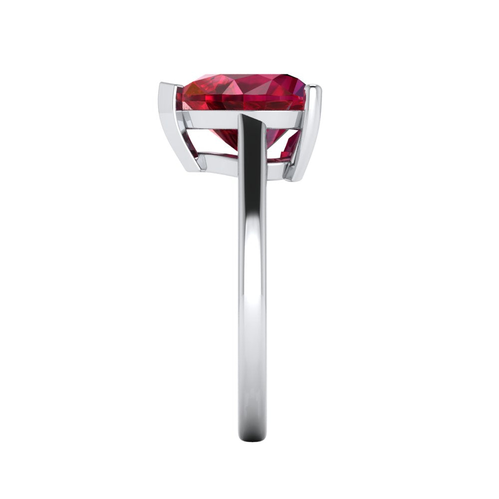 Side view of Amour Ruby Heart Ring with white gold setting.
