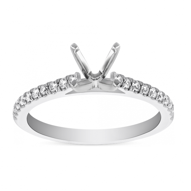 Round diamond prong ring setting in white gold with small diamonds along the band.